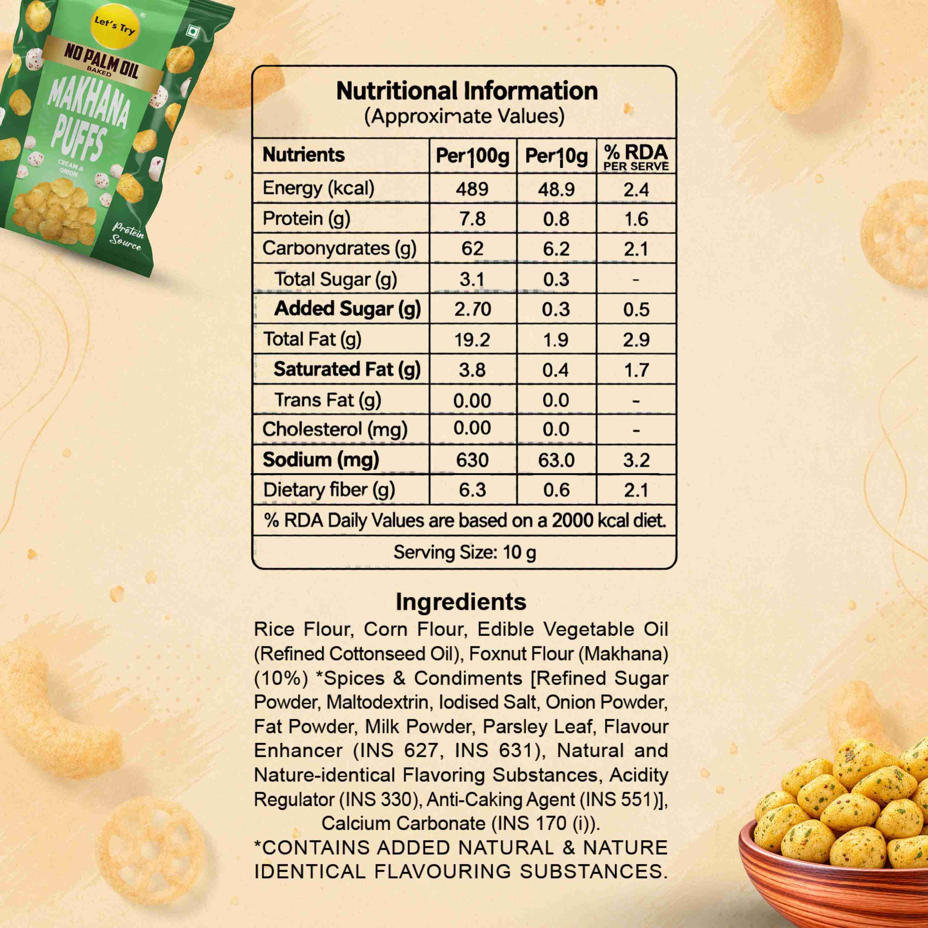 Makhana Puff Cream Onion Ingredients & Nutrition Facts – Calories & Ingredients | Healthy Roasted Makhana | Let's Try Foods