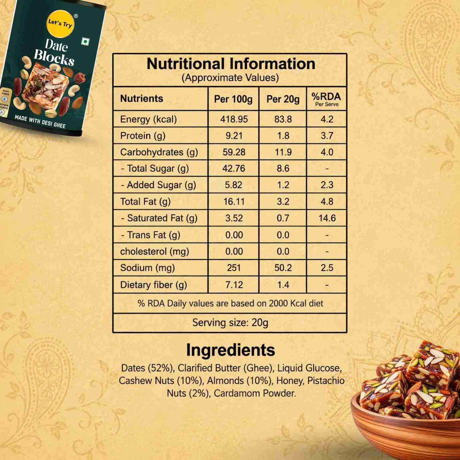 Date Bites Nutrition Facts – Calories & Ingredients | Healthy Healthy Dry Fruit Snack | Let's Try Foods