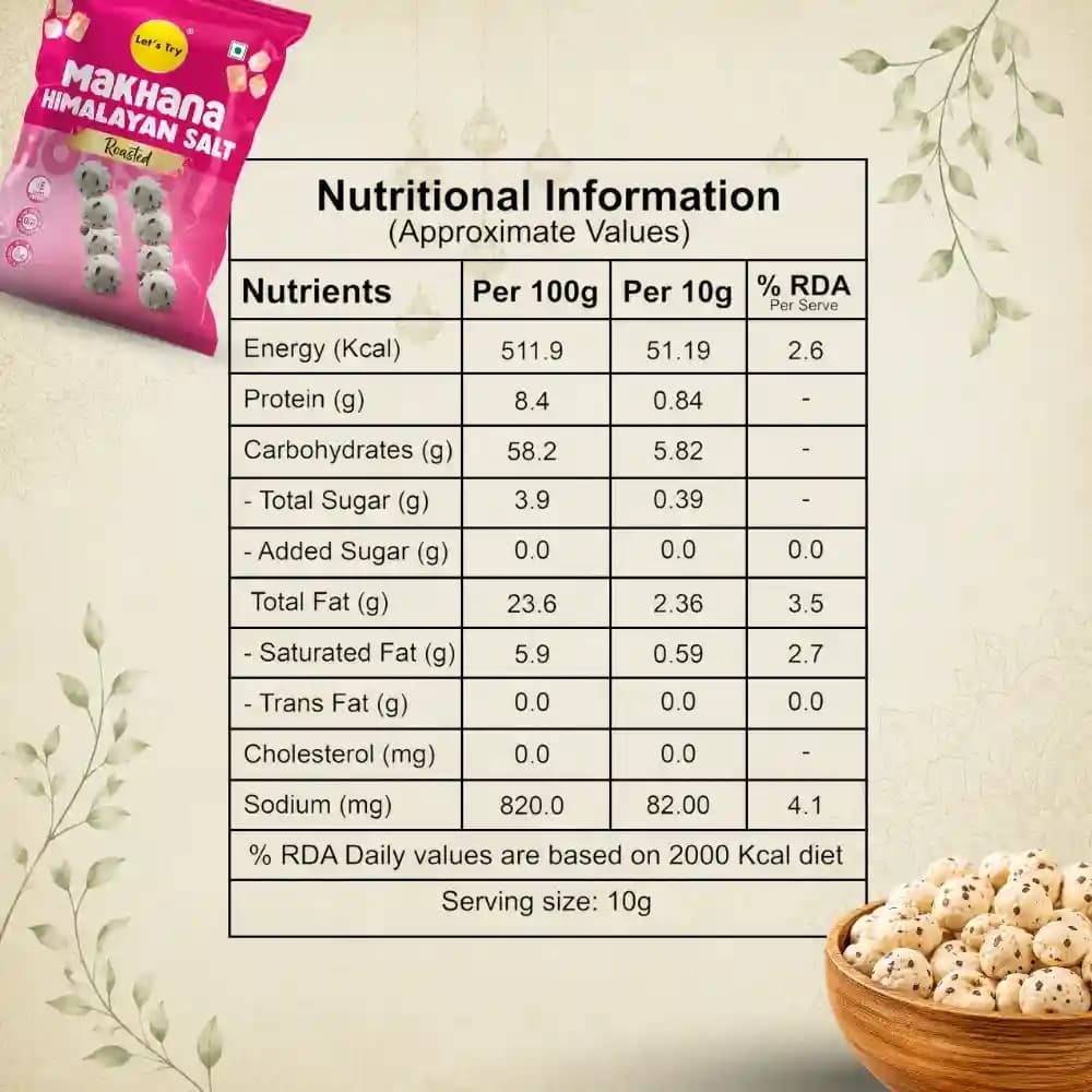 Himalayan Salt Makhana 20g Nutrition Facts – Calories & Ingredients | Healthy Roasted Makhana | Let's Try Foods