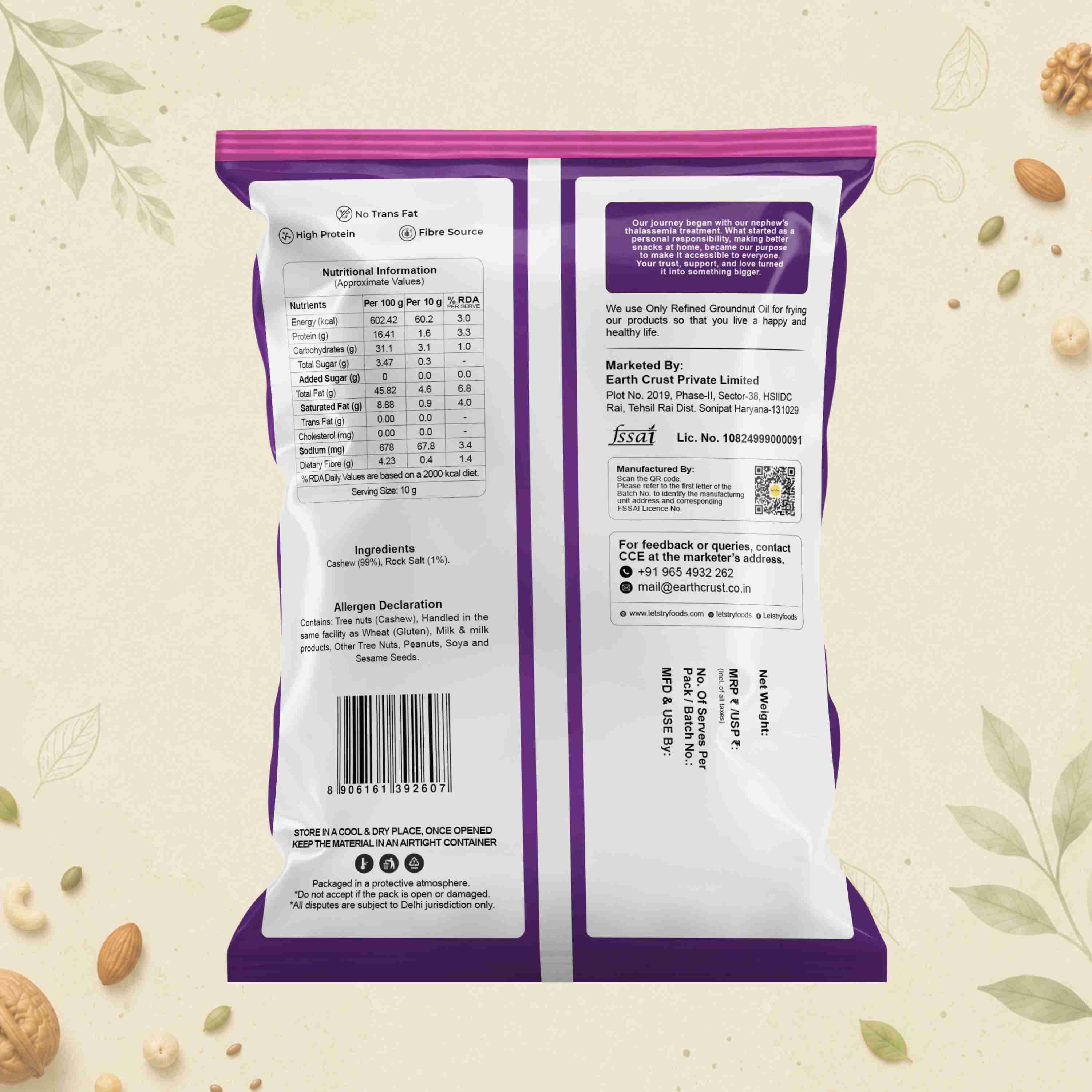 Roasted Cashew Salted Ingredients & Nutritional Label – No Palm Oil, No Maida Clean Label Premium Roasted Ca | Let's Try Foods