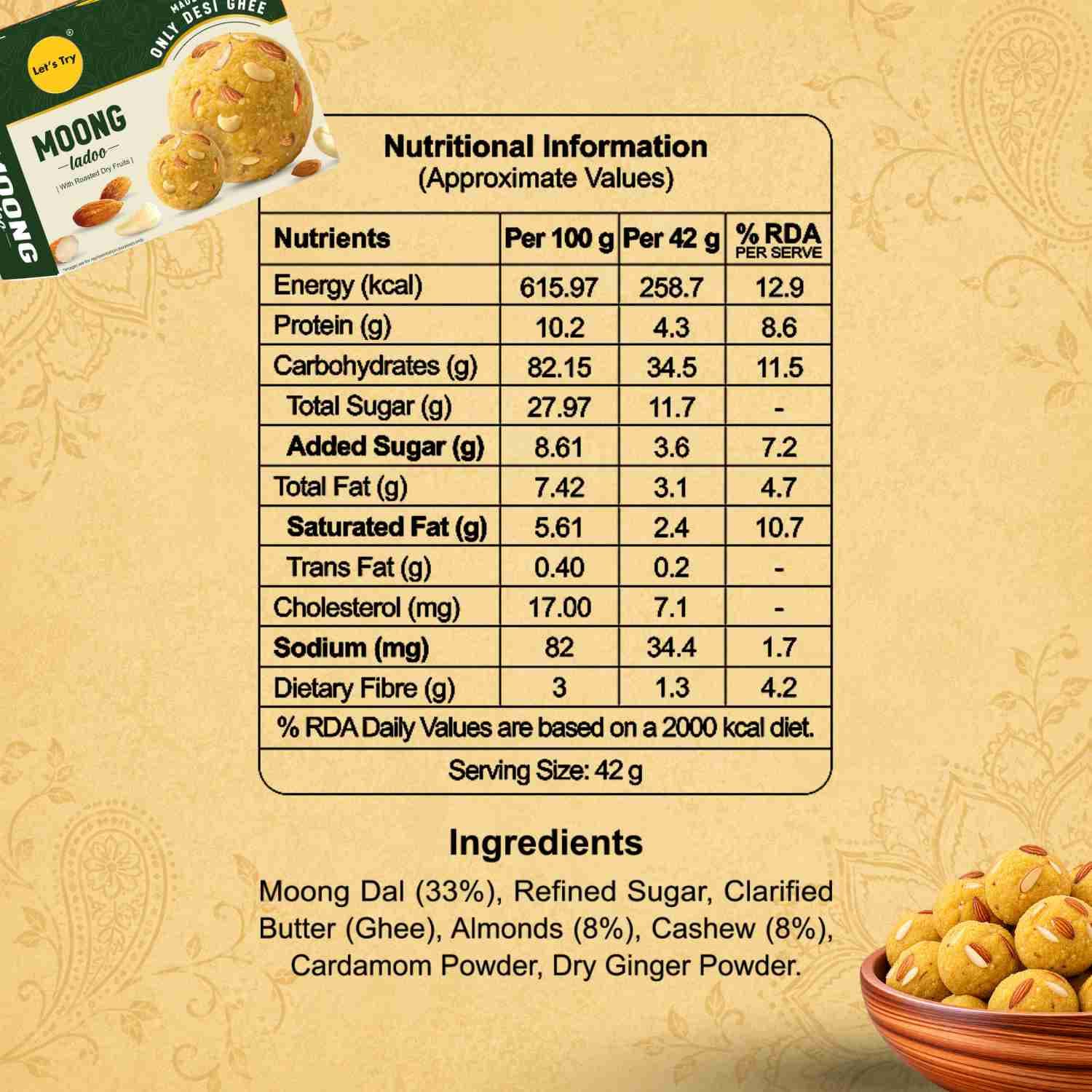 Moong Ladoo Nutrition Facts – Calories & Ingredients | Healthy Healthy Indian Sweets | Let's Try Foods