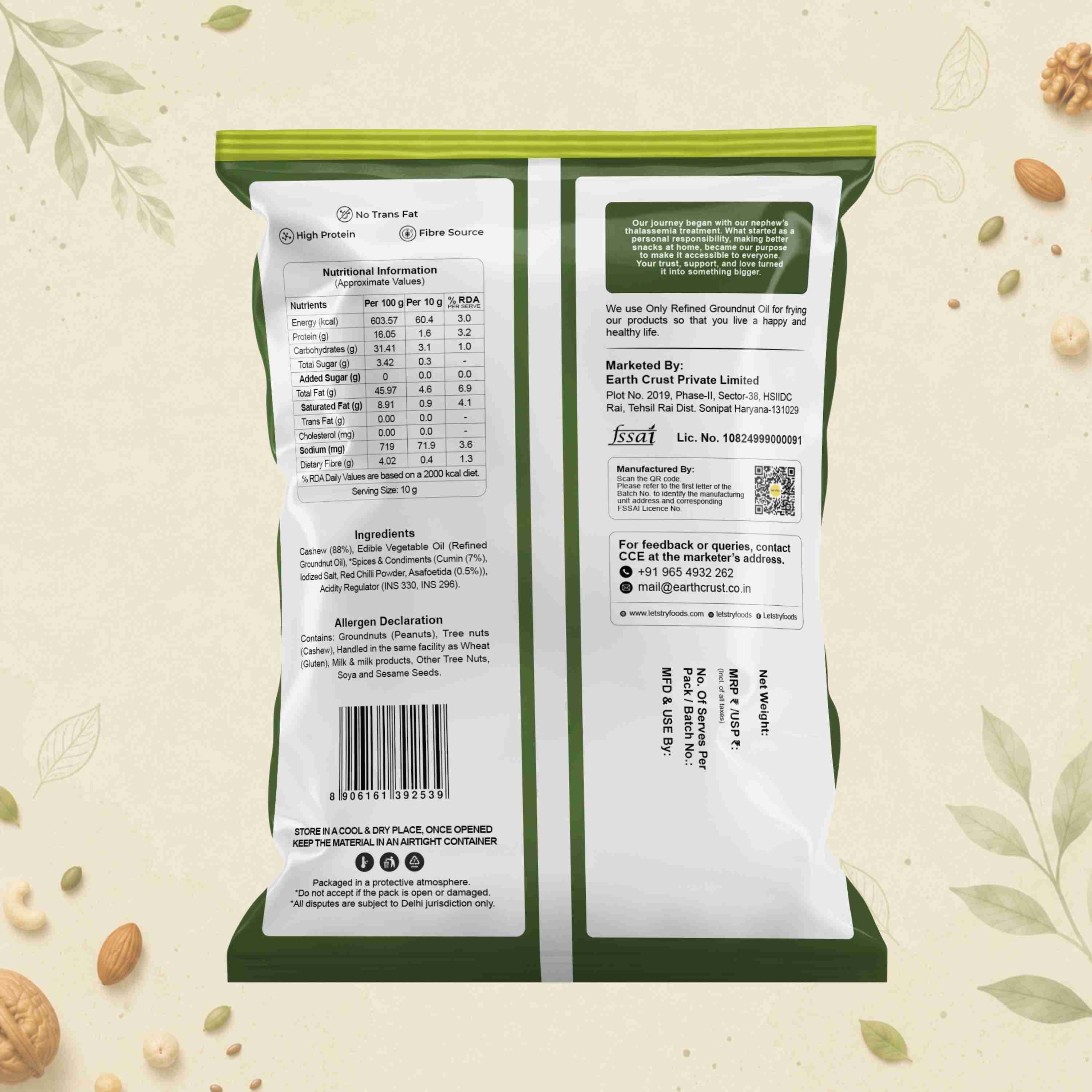 Roasted Cashew Hing Jeera Ingredients & Nutritional Label – No Palm Oil, No Maida Clean Label Premium Roaste | Let's Try Foods