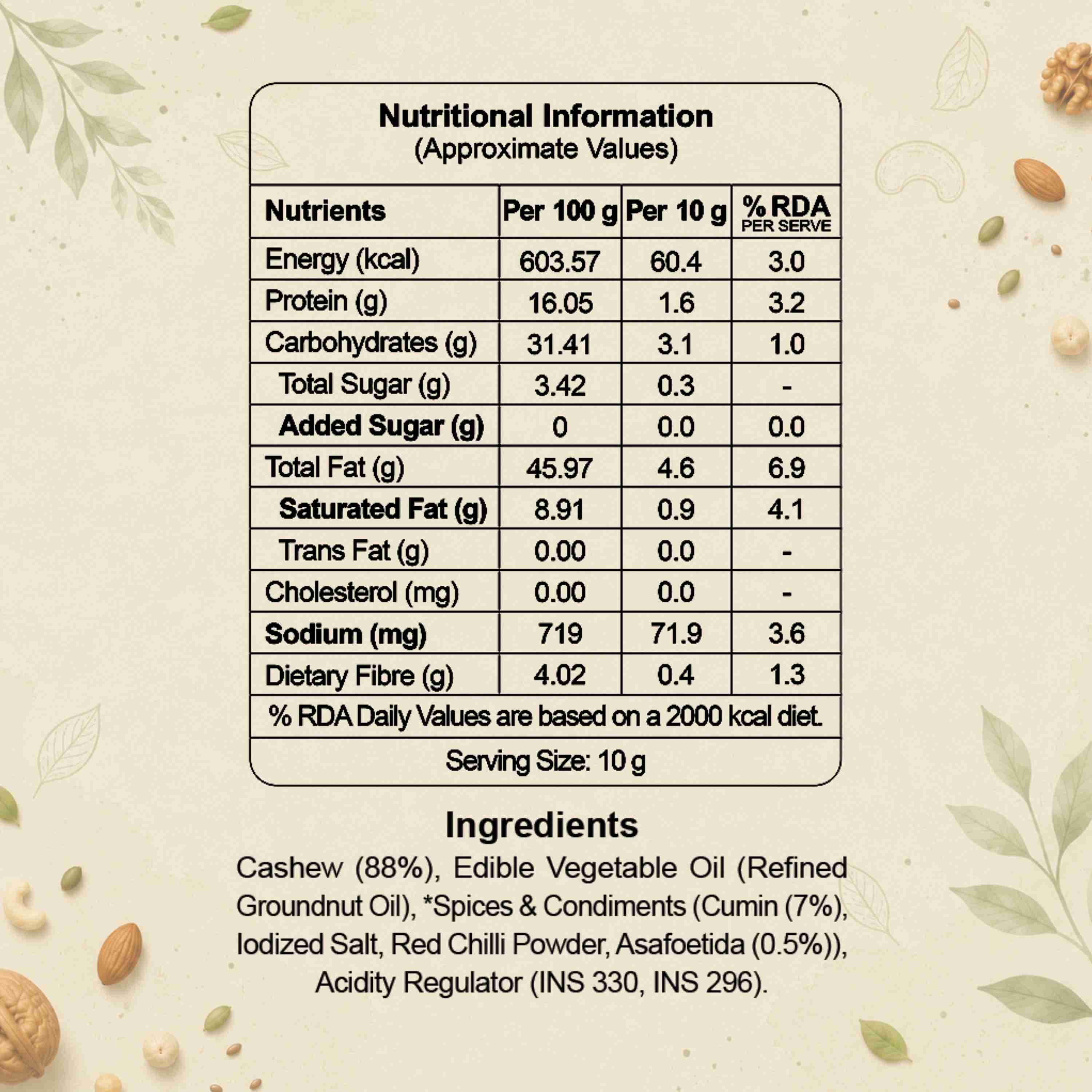 Roasted Cashew Hing Jeera Nutrition Facts – Calories & Ingredients | Healthy Premium Roasted Cashew | Let's Try Foods