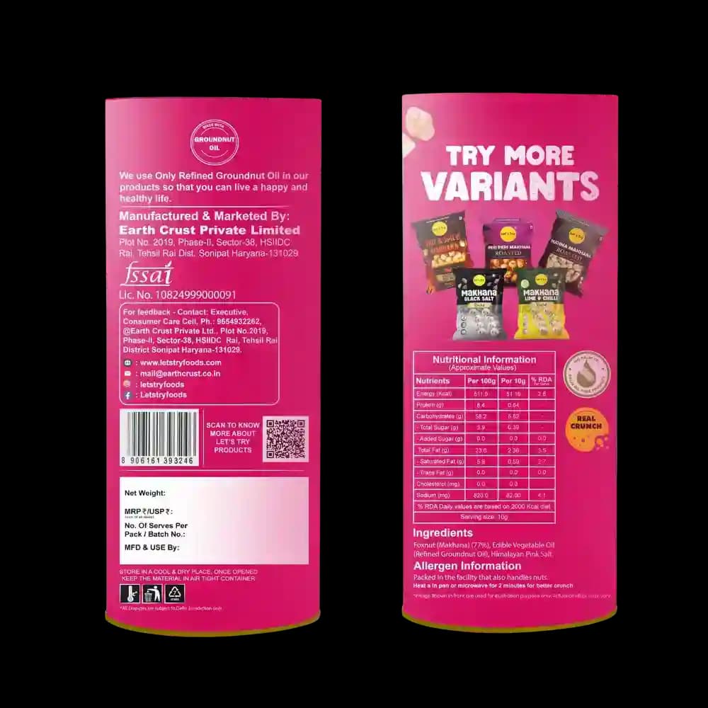 Himlayan Salt Makhana 77g Ingredients & Nutritional Label – No Palm Oil, No Maida Clean Label Roasted Makhana | Let's Try Foods