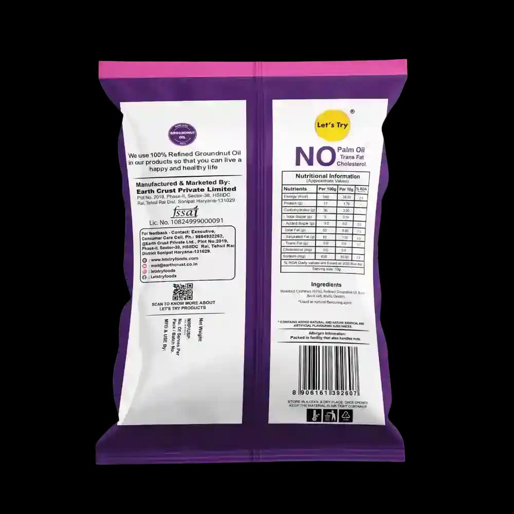 Roasted Cashew Salted Ingredients & Nutritional Label ā No Palm Oil, No Maida Clean Label Premium Roasted Ca | Let's Try Foods