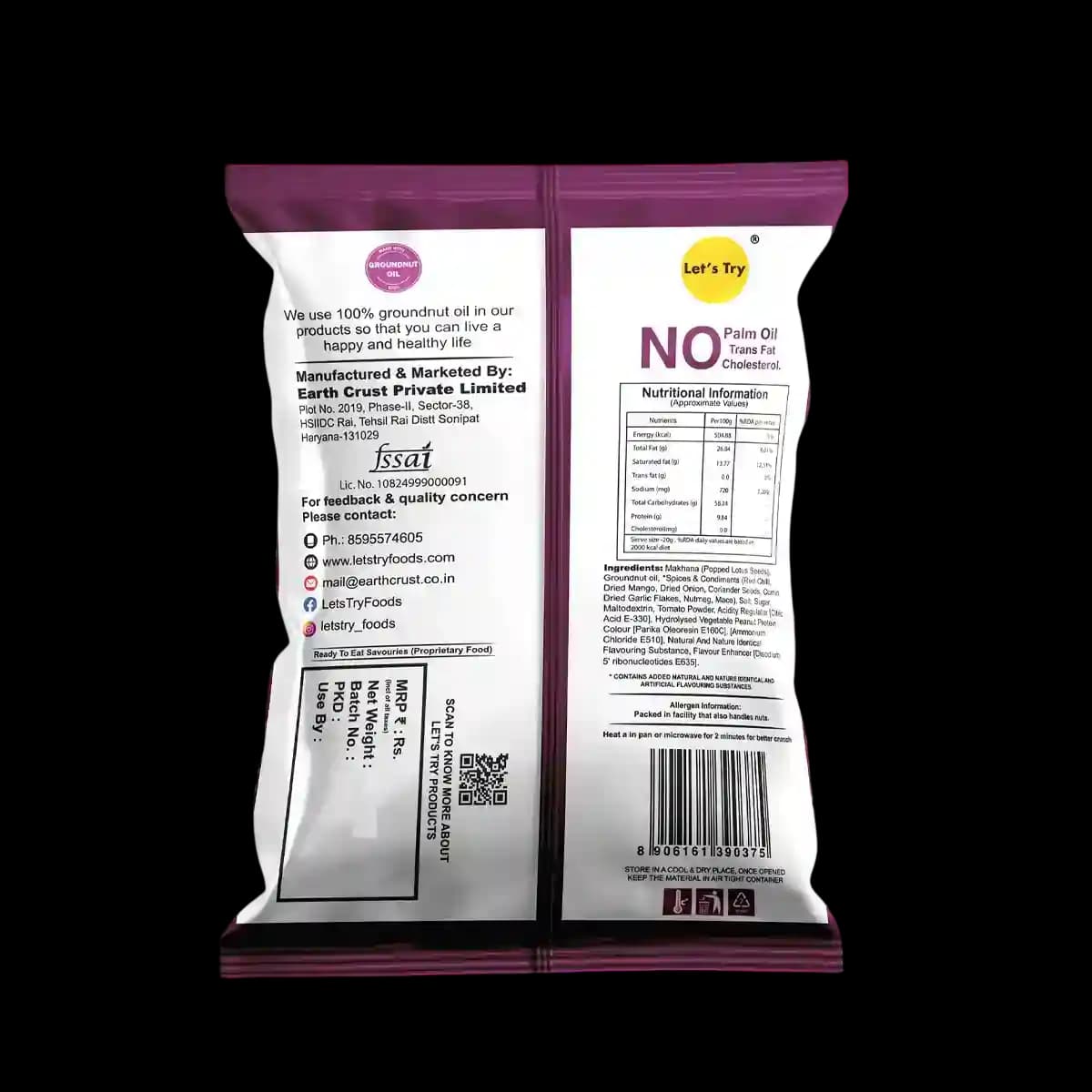 Peri Peri Makhana Ingredients & Nutritional Label – No Palm Oil, No Maida Clean Label Roasted Makhana | Let's Try Foods