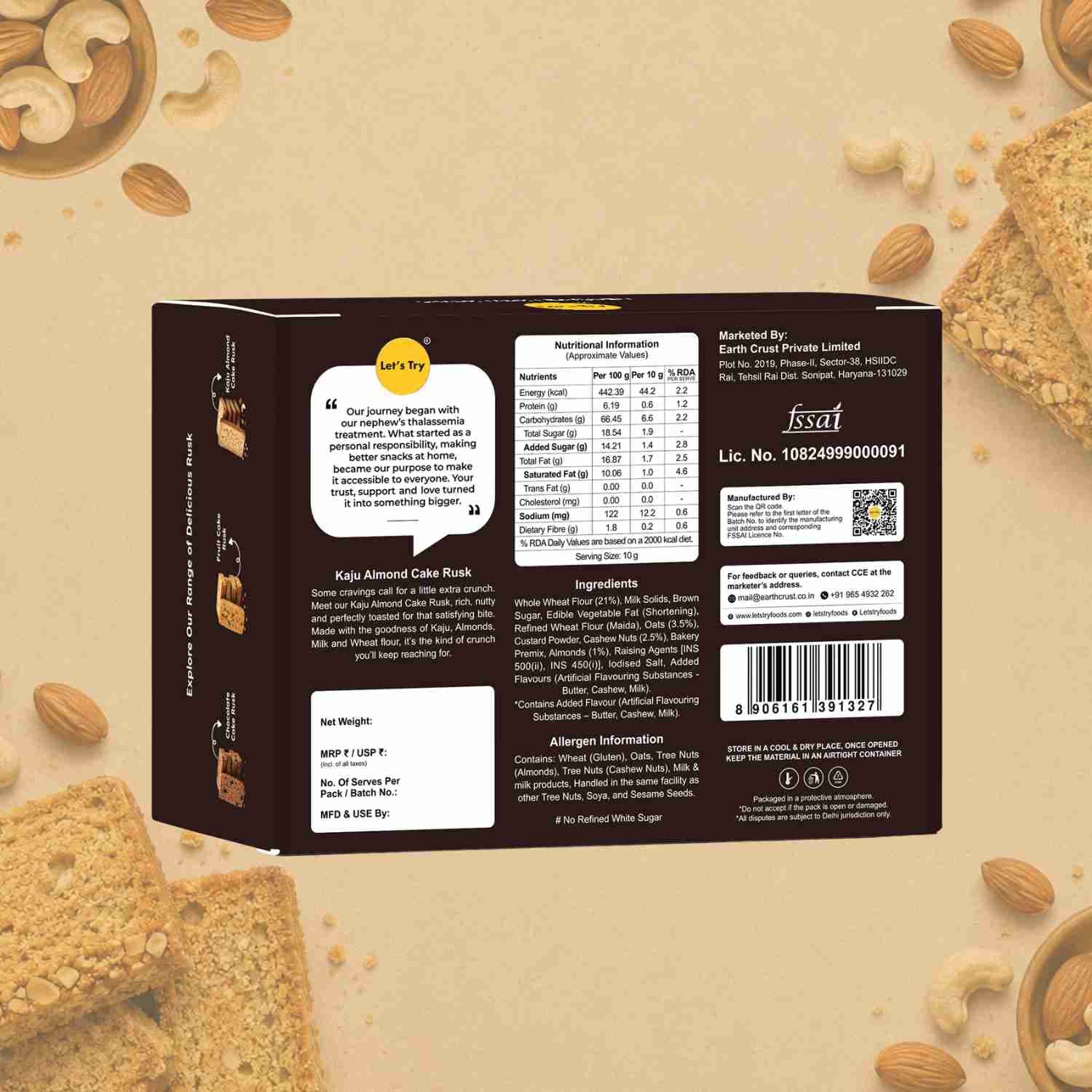 Kaju Almond Cake Rusk 200gm Ingredients & Nutritional Label – No Maida, No Palm Oil Clean Label Healthy Rusk | Let's Try Foods