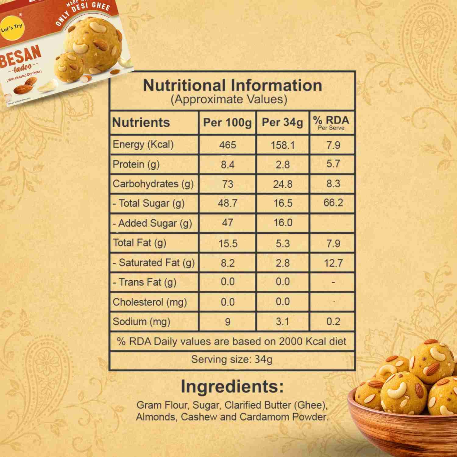 Besan Ladoo Nutrition Facts – Calories & Ingredients | Healthy Healthy Indian Sweets | Let's Try Foods