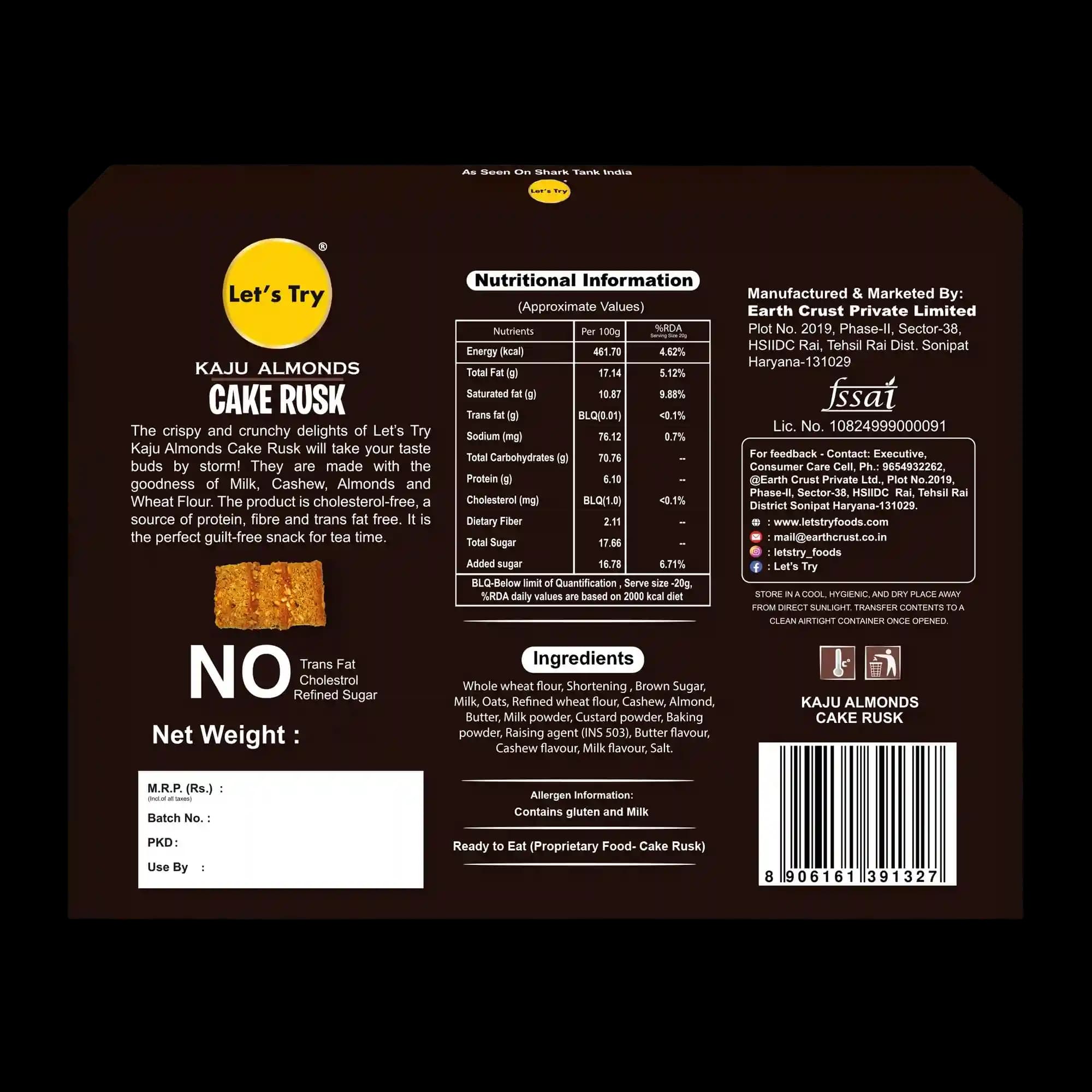 Kaju Almond Cake Rusk 200gm Ingredients & Nutritional Label – No Maida, No Palm Oil Clean Label Healthy Rusk | Let's Try Foods