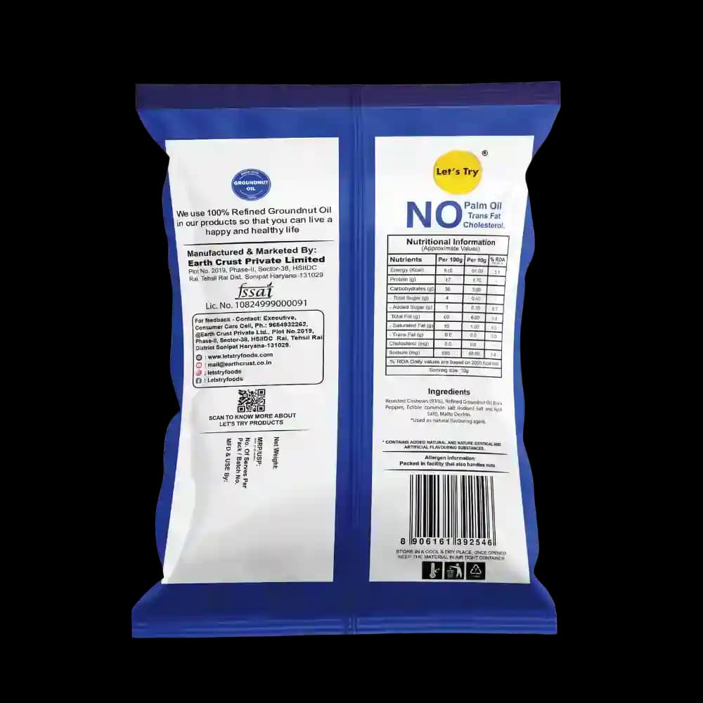 Roasted Cashew Pepper Ingredients & Nutritional Label ā No Palm Oil, No Maida Clean Label Premium Roasted Ca | Let's Try Foods
