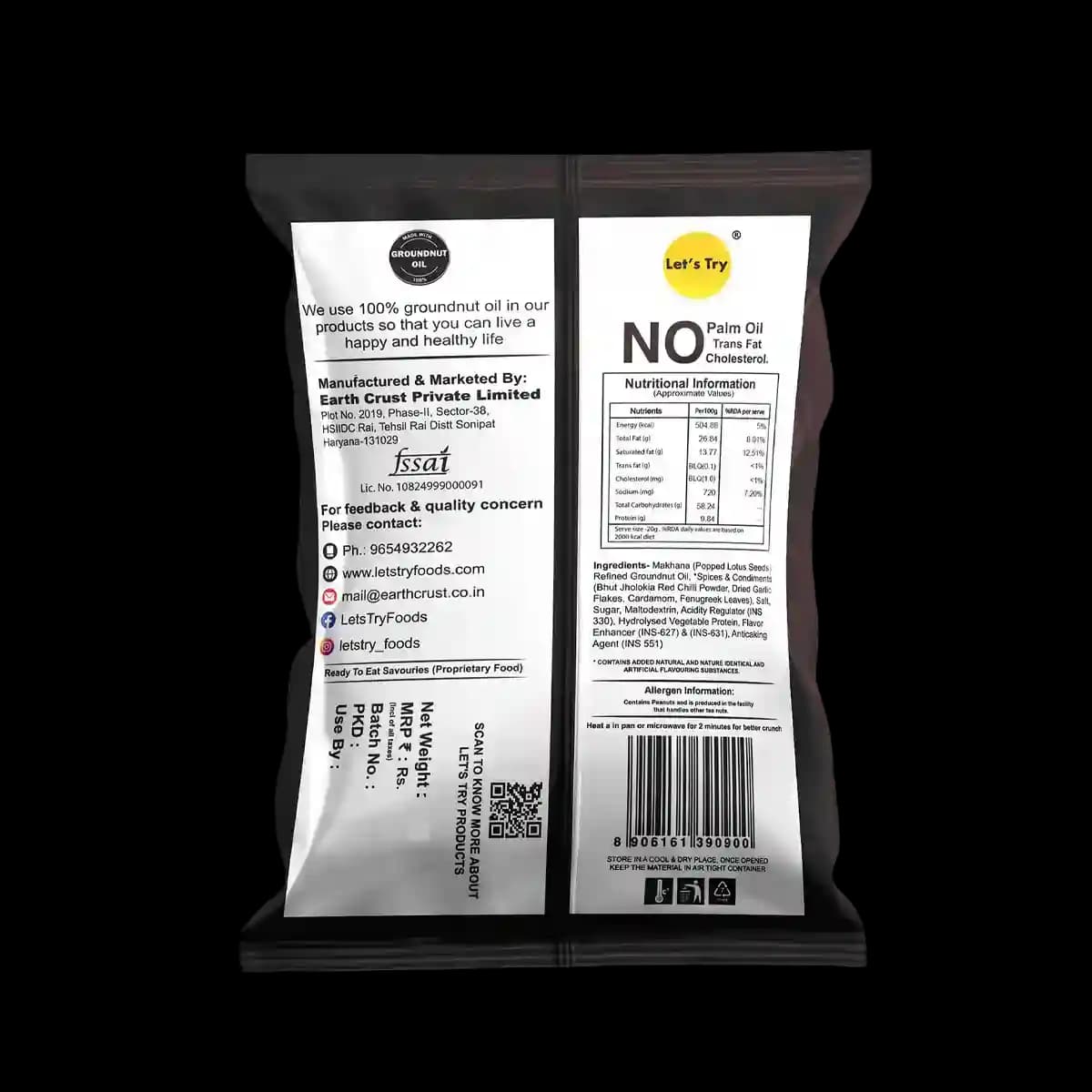 Hot Spicy Makhana Ingredients & Nutritional Label β No Palm Oil, No Maida Clean Label Roasted Makhana | Let's Try Foods
