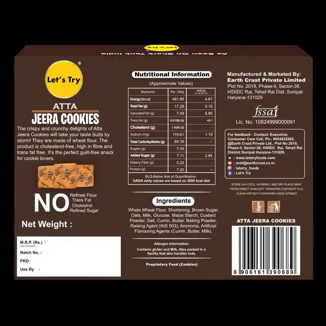Atta Jeera Cookies 113g Ingredients & Nutritional Label – No Maida, No Palm Oil Clean Label Healthy Cookies | Let's Try Foods