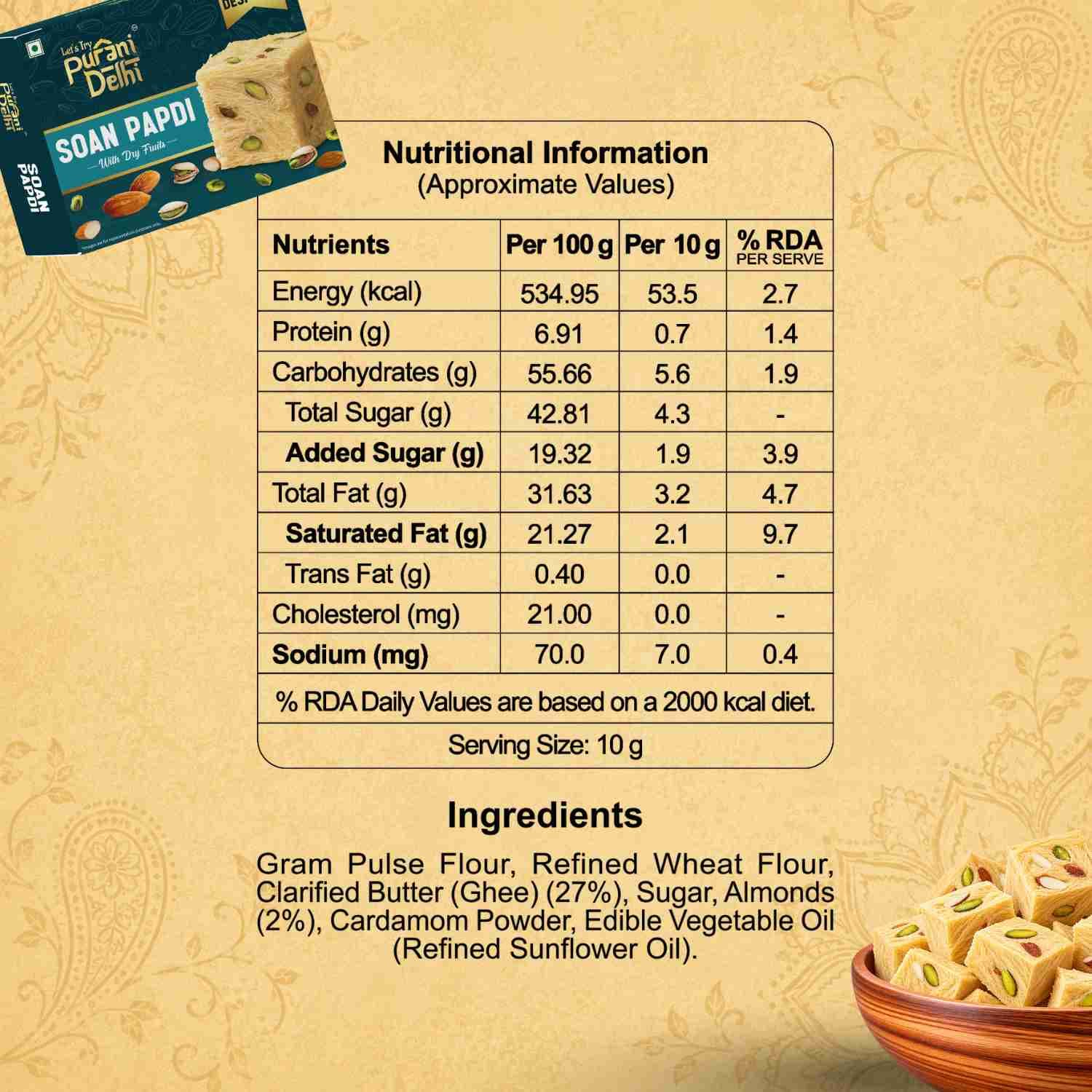 Purani Delhi - Soan Papdi Nutrition Facts – Calories & Ingredients | Healthy Healthy Namkeen | Let's Try Foods