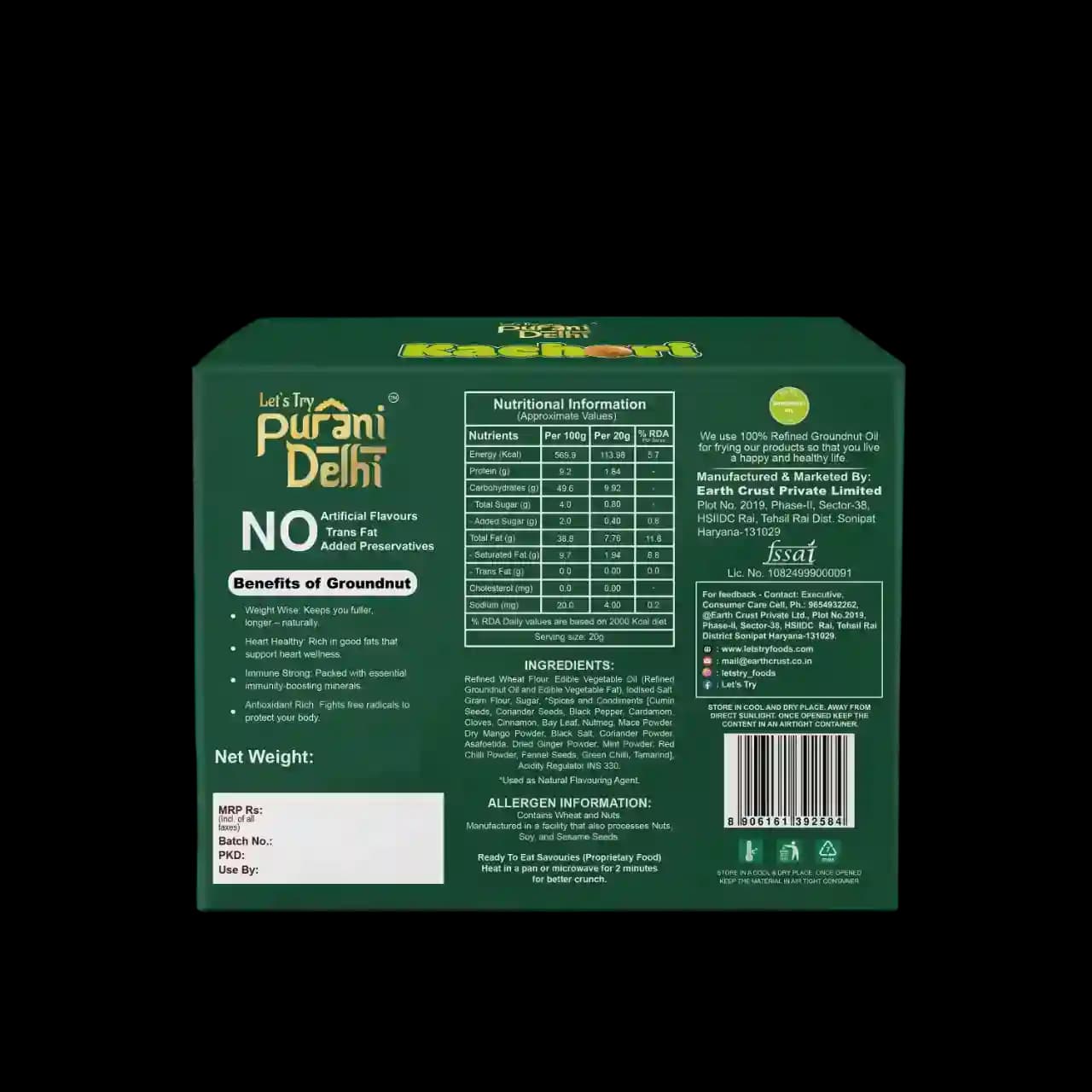 Purani Delhi - Kachori Ingredients & Nutritional Label β No Palm Oil, No Maida Clean Label Healthy Namkeen | Let's Try Foods
