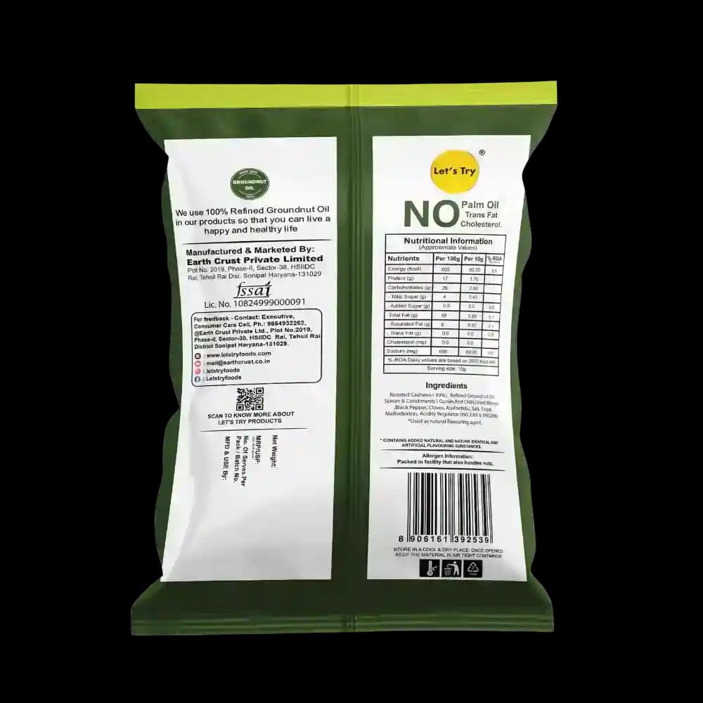 Roasted Cashew Hing Jeera Ingredients & Nutritional Label ā No Palm Oil, No Maida Clean Label Premium Roaste | Let's Try Foods
