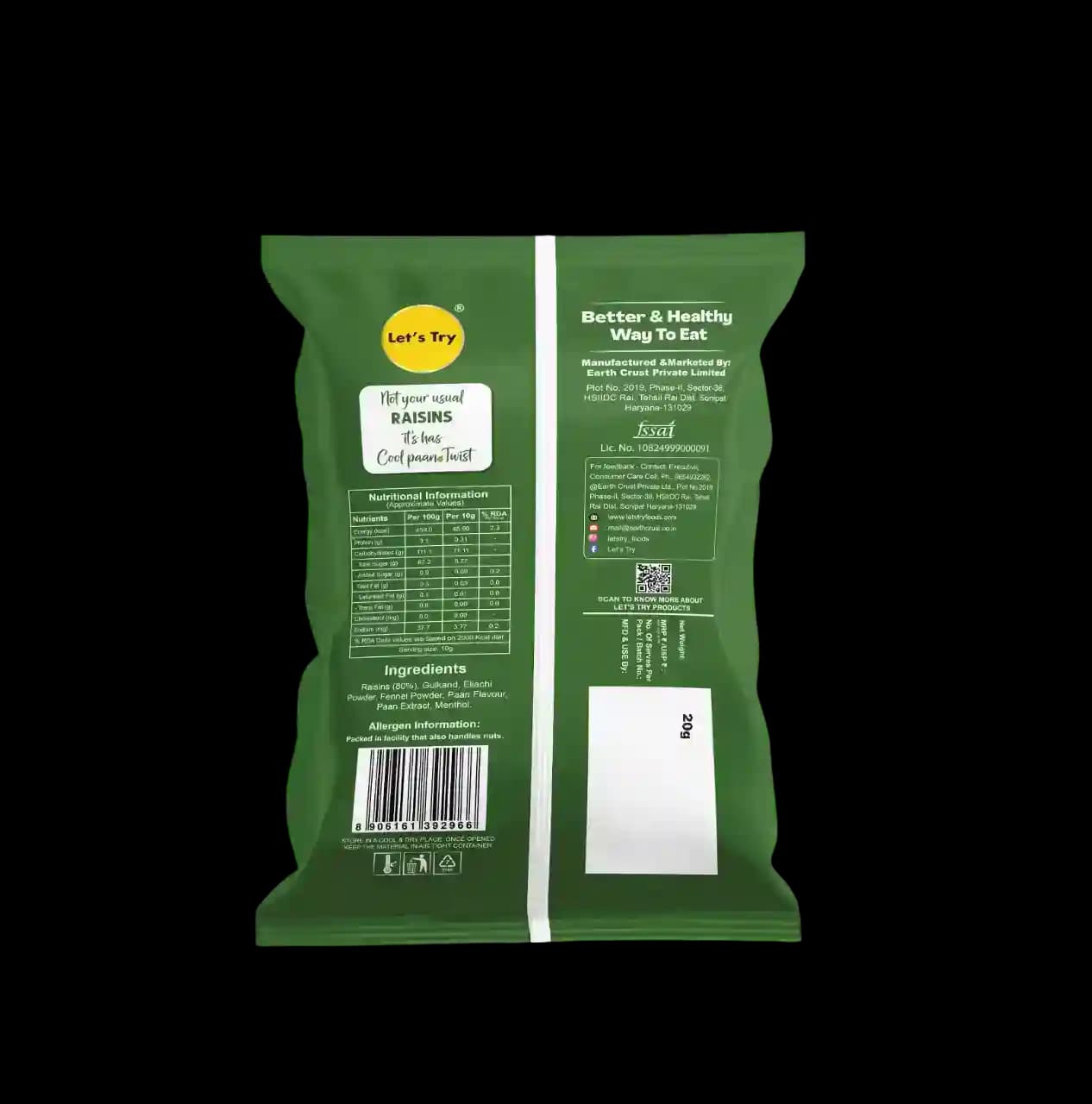 Paan Raisins Ingredients & Nutritional Label β No Palm Oil, No Maida Clean Label Healthy Dry Fruit Snack | Let's Try Foods