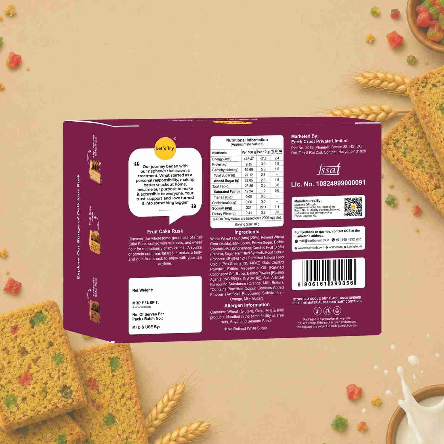 Fruit Cake Rusk 200g Ingredients & Nutritional Label – No Maida, No Palm Oil Clean Label Healthy Rusk | Let's Try Foods