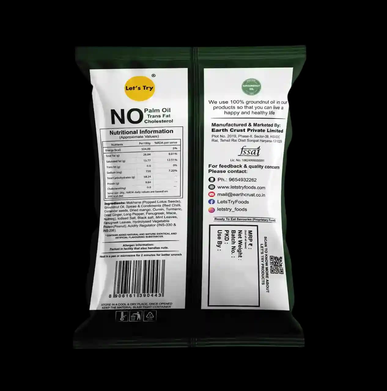 Pudina Makhana Ingredients & Nutritional Label – No Palm Oil, No Maida Clean Label Roasted Makhana | Let's Try Foods