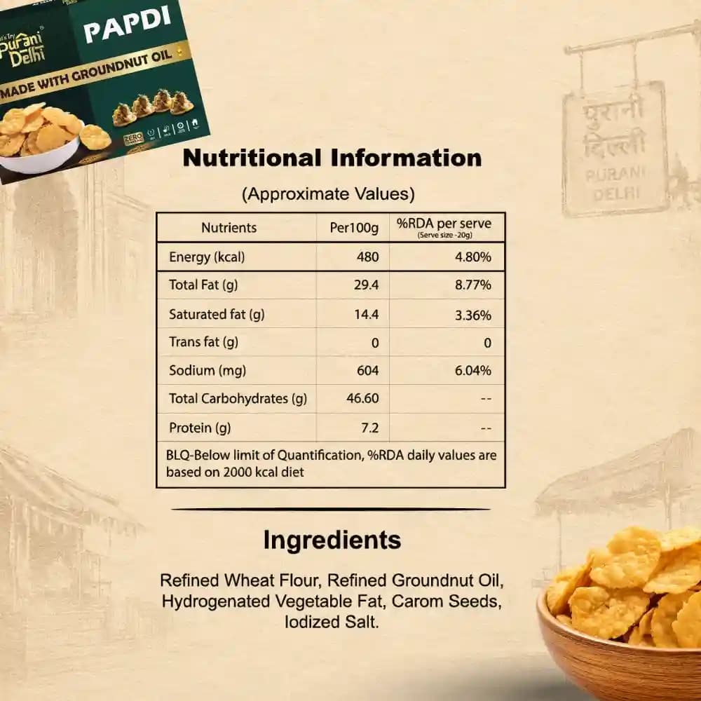 Purani Delhi - Papdi Nutrition Facts – Calories & Ingredients | Healthy Healthy Namkeen | Let's Try Foods