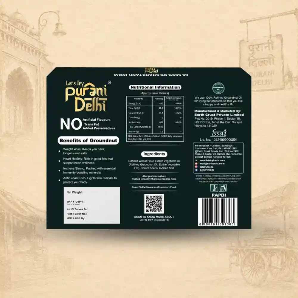 Purani Delhi - Papdi Ingredients & Nutritional Label – No Palm Oil, No Maida Clean Label Healthy Namkeen | Let's Try Foods