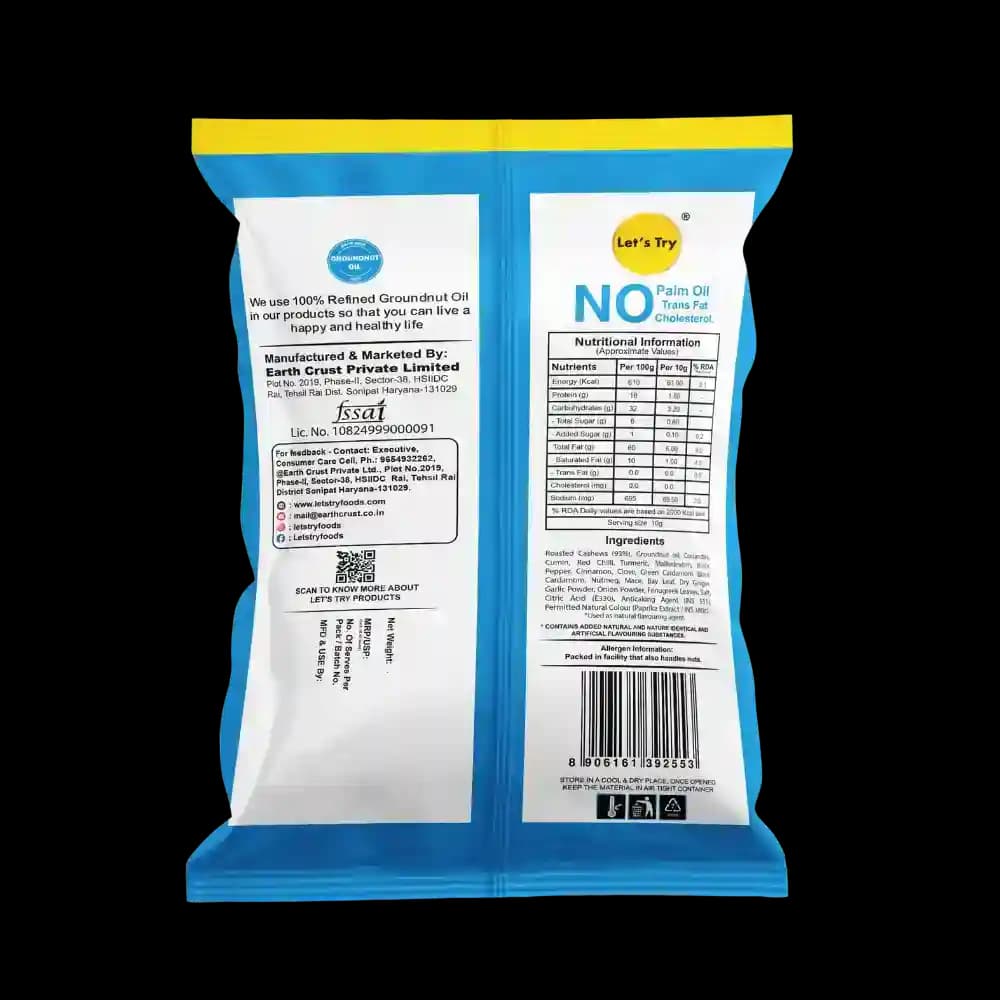 Roasted Cashew Tandoori Ingredients & Nutritional Label β No Palm Oil, No Maida Clean Label Premium Roasted | Let's Try Foods